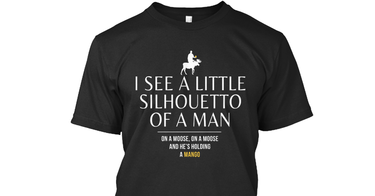 i see a little silhouetto of a man on my shirt on my shirt and he's holding a mango