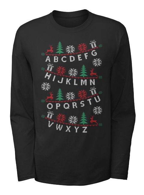 abcdefghijklmnopqrstuvwxyz black long sleeve t shirt front alphabet ugly christmas - Ugly Christmas Tee Shirts abcdefghijklmnopqrstuvwxyz black long sleeve t shirt front alphabet ugly christmas - Ugly Christmas Tee Shirts