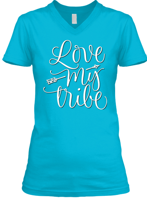 Love My Tribe White Graphic Design Turquoise T-Shirt Front