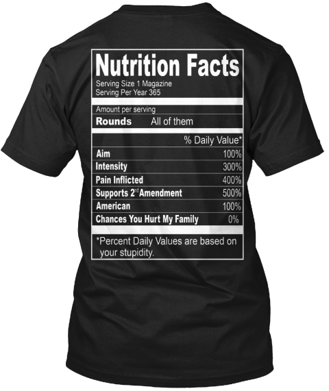 Nutrition Facts Serving Size 1 Magazine Serving Per Year 365 Amount Per Serving Rounds All Of Them Black T-Shirt Back