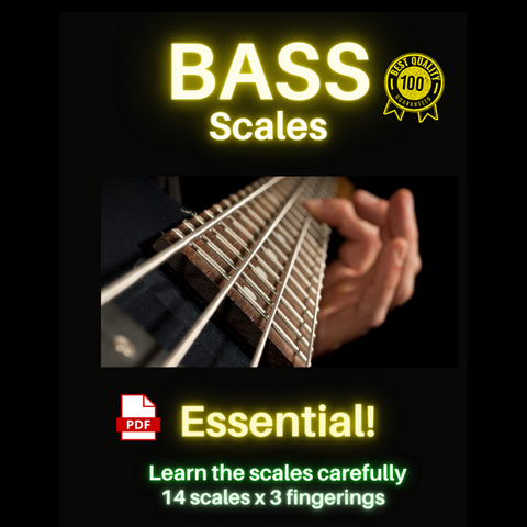 Bass
Best
Buality
100
Scales
Essential!
Pdf
Learn The Scales Carefully
14 Scales X 3 Fingerings
  Camiseta Front