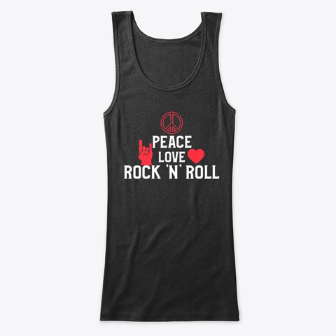Peace, Love,  Rock 'n' Roll Graphic. Black T-Shirt Front