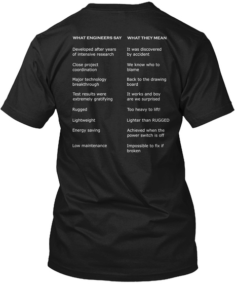 What Engineer Say What They Mean Developed After Years Of Intensive Research It Was Discovered By Accident Close... Black T-Shirt Back
