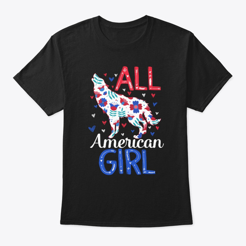 All American Girl Wolf Floral Pattern Black T-Shirt Front