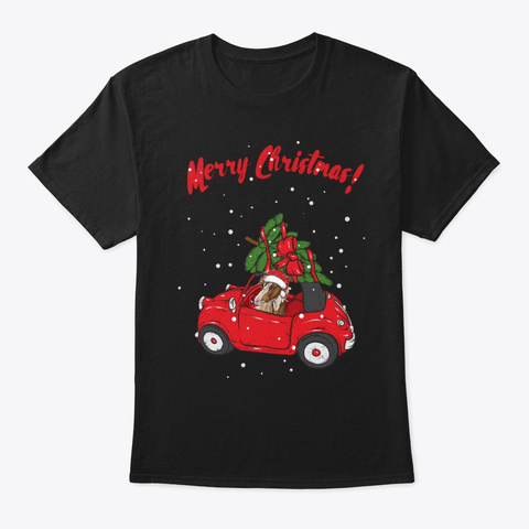 Horse In Red Car With Christmas Tree Tee Black T-Shirt Front