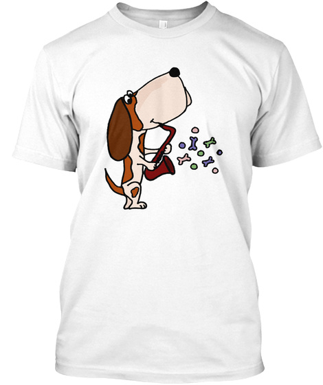 Funny Basset Hound Playing Saxophone White T-Shirt Front