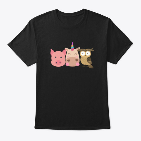 Cute Unicorn, Pig, Owl, Black T-Shirt Front