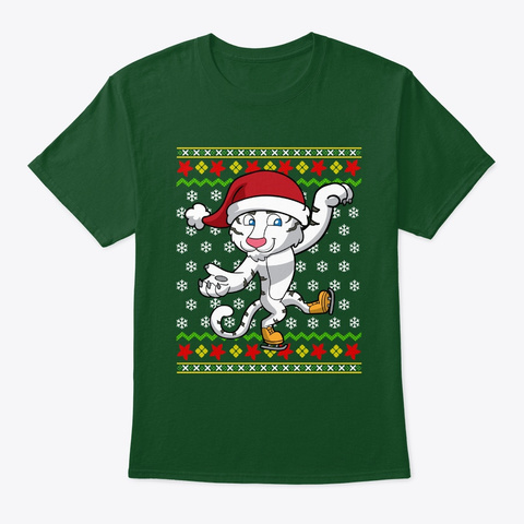 White Tiger Ice Skate Ugly Christmas Deep Forest T-Shirt Front