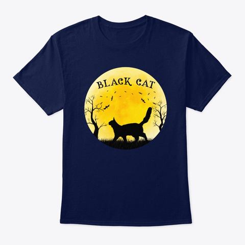 Black Cat Halloween Design Vintage Full Navy T-Shirt Front