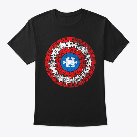 Autism Awareness Puzzle Superhero Shield Black T-Shirt Front