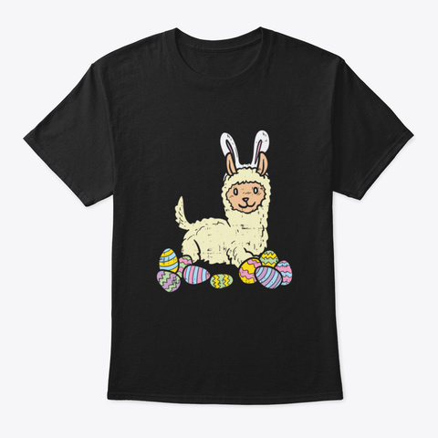 Baby Llama Bunny Ears Eggs Cute Easter 2 Black T-Shirt Front