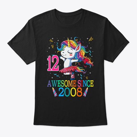12 Years Old 12nd Birthday Unicorn Black T-Shirt Front
