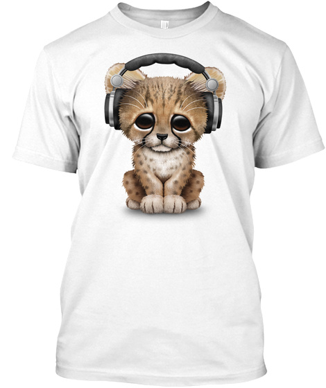Cute Cheetah Cub Dj Wearing Headphones White T-Shirt Front