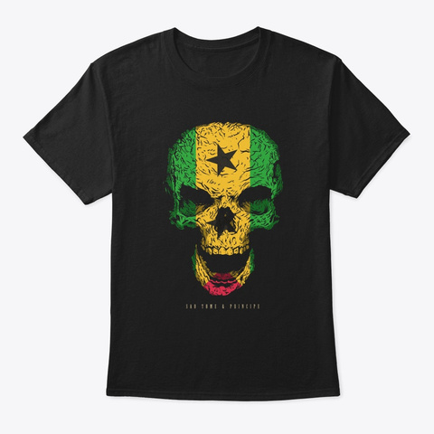 Skull Sao Tome & Principe Flag Skeleton Black T-Shirt Front
