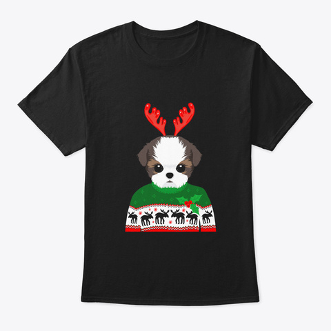 Long Sleeve Shih Tzu Dog Christmas Holid Black T-Shirt Front