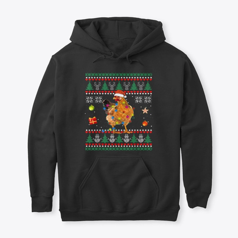 Ugly Christmas Chicken Santa Hat Lights Black T-Shirt Front
