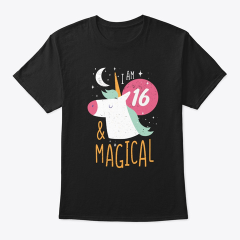 16th Birthday Girl Unicorn Gift Daughter Black T-Shirt Front