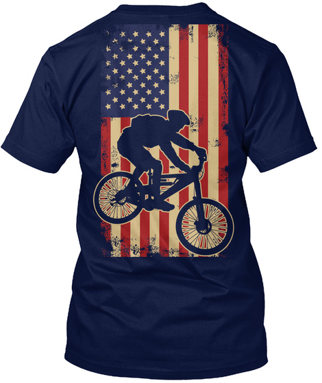 Mountain Bike American Flag   Mtb Navy T-Shirt Back