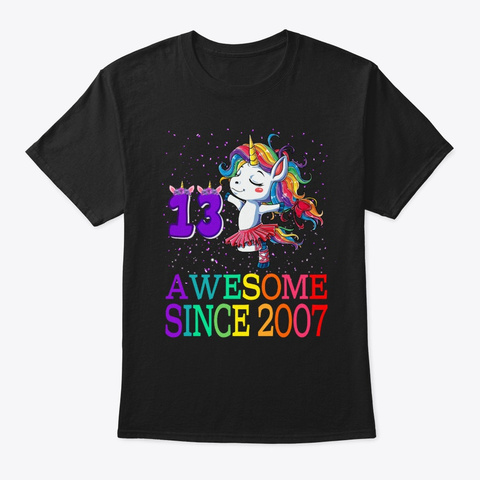 13 Years Old 13rd Birthday Unicorn Black T-Shirt Front
