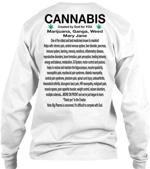 Cannabis Created By God For You Marijuana Ganga Weed Mary Jane White T-Shirt Back