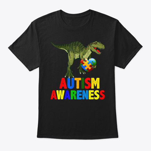 Autism Awareness Puzzle Piece Dinosaur T Black T-Shirt Front