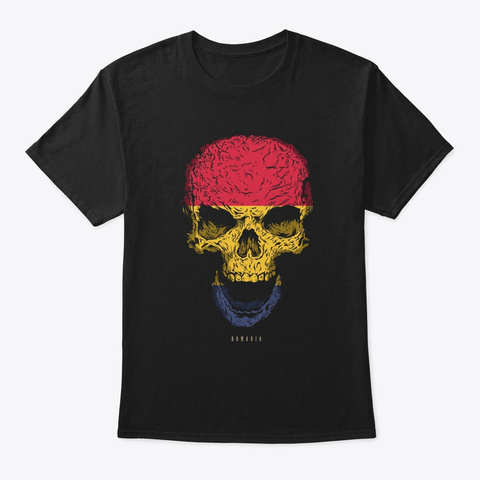 Skull Romania Flag Skeleton Black T-Shirt Front