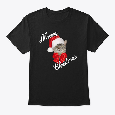 Holiday Cat Santa Black T-Shirt Front