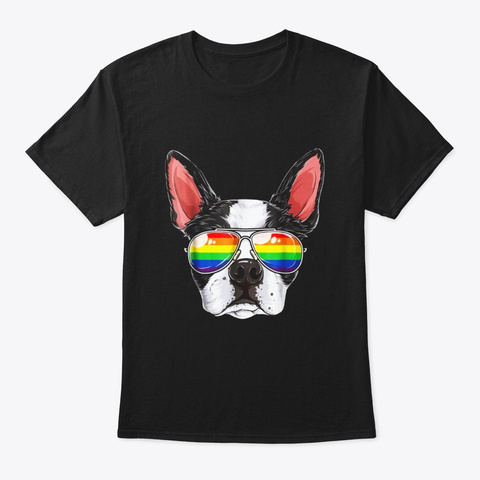 Boston Terrier Gay Pride Flag Sunglasses Black T-Shirt Front