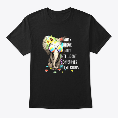 Autism Awareness Elephant Black T-Shirt Front