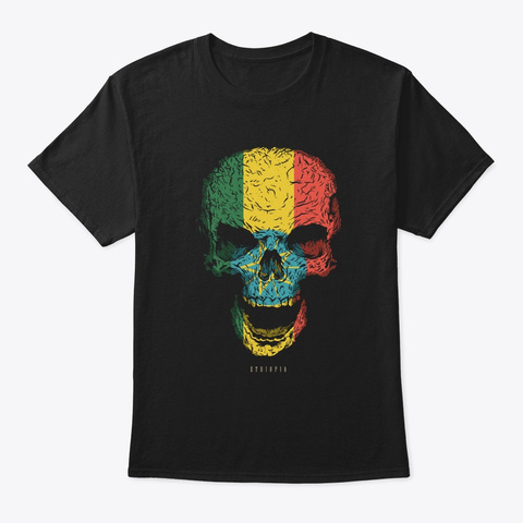 Skull Ethiopia Flag Skeleton Black T-Shirt Front