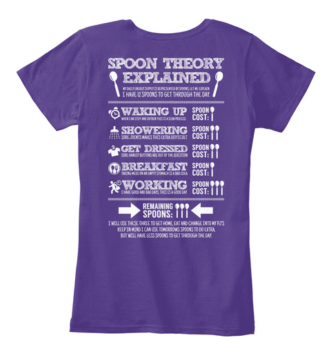 3 Spoons Left Spoon Theory Explained Waking Up Showering Get Dressed Breakfast Working Purple T-Shirt Back