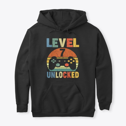 Birthday Gamer Level 7 Unlocked Awesome  Black T-Shirt Front