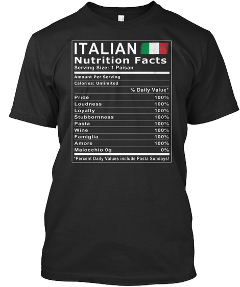 Italian Nutrition Facts T Shirt Black T-Shirt Front