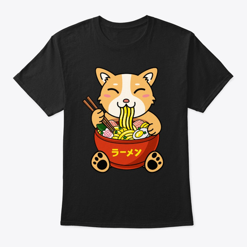 Kawaii Anime Corgi Eating Ramen Noodles Black T-Shirt Front