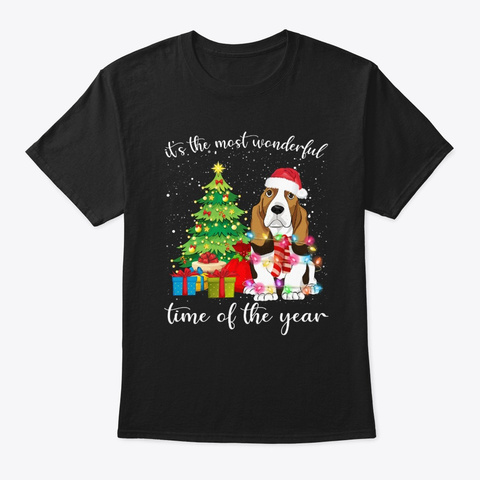 Basset Hound With Christmas Tshirt Black T-Shirt Front
