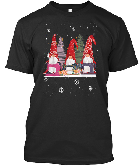 Sewing Gnomes Three Quilting Gnomes Black T-Shirt Front
