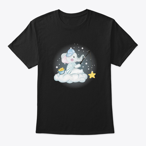 Baby Elephant Fishing Star Cloud Black T-Shirt Front