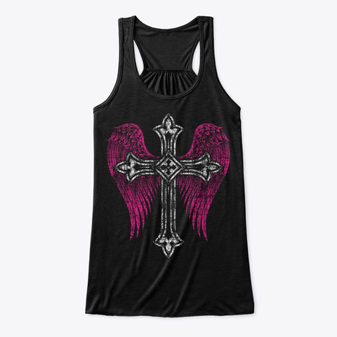 Hot Pink Angel Wing & Cross Black T-Shirt Front