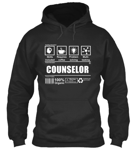 Skills Included Requires Coffee Problem Solving Multi Tasking Counselor 100% Organic Jet Black T-Shirt Front