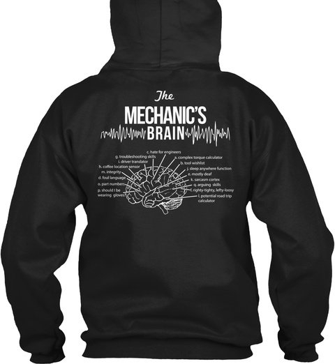 Professional Mechanic The Mechanics Brain C.Hate For Engineers G.Troubleshooting Skills A.Complex Tongue Calculator... Black T-Shirt Back