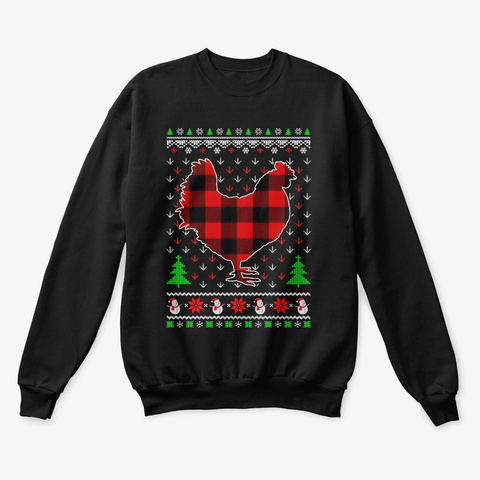 Funny Holiday Chicken Red Plaid Ugly Black T-Shirt Front