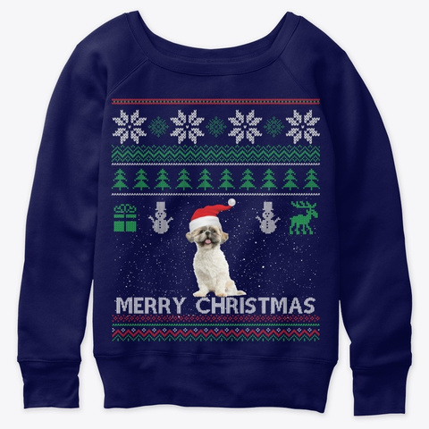 Shih Tzu Ugly Christmas Sweater Shih Tzu Navy  T-Shirt Front