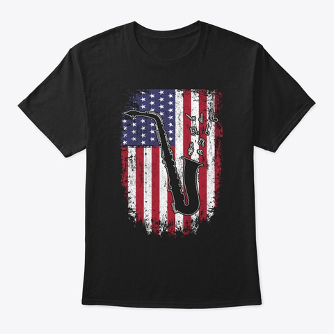 Saxophone Usa Flag Patriot Saxophonist Black áo T-Shirt Front