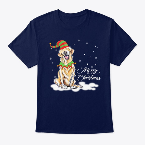 Xmas  Golden Retriever With Elf Hat Gift Navy T-Shirt Front