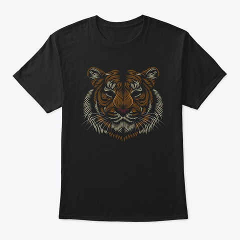 Tiger Head   Line Art Grapic   Animal Black T-Shirt Front