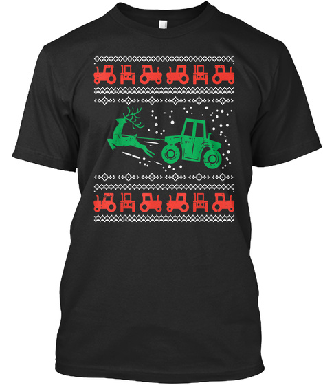 Farm Tractor Reindeer Fun Ugly Christmas Black T-Shirt Front