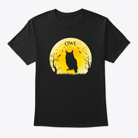 Owl Halloween Vintage Retro Moon Black T-Shirt Front