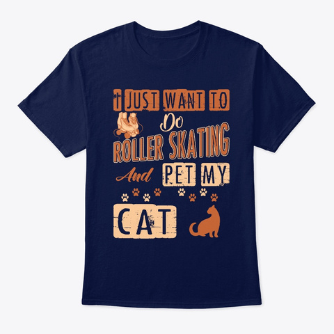 Roller Skating Pet Cat Navy T-Shirt Front