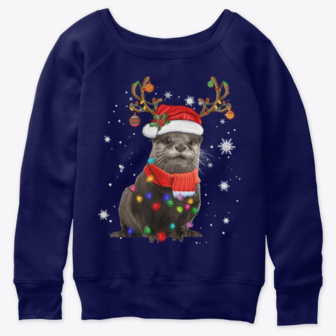 Ferret Reindeer Santa Hat Cute Christmas Navy  T-Shirt Front
