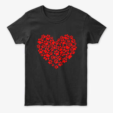 Paw Print Dog Heart Love Valentines Day Black Camiseta Front